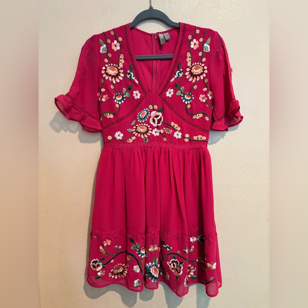 ASOS Fuchsia Floral Embroidered Mini Dress w/ Short Sleeves, Babydoll Bust